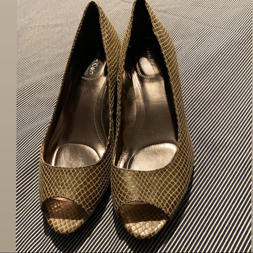Calvin Klein snake skin print peep toe wedge heel